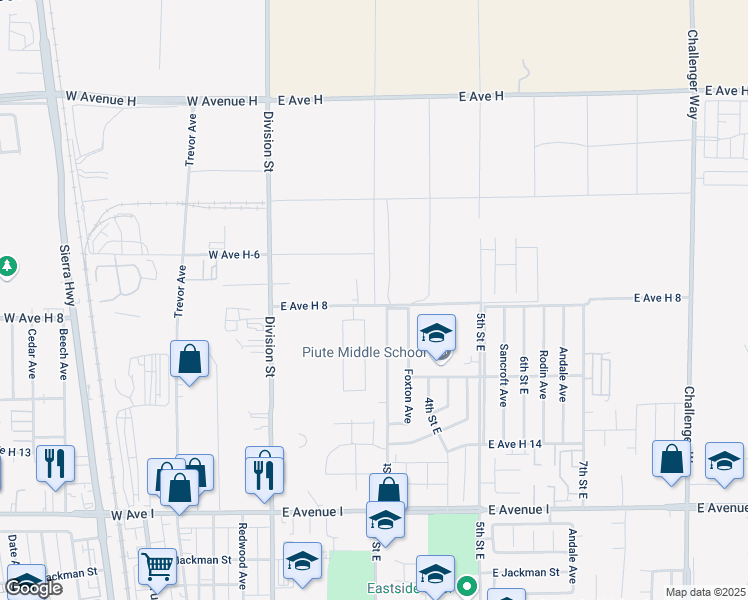 map of restaurants, bars, coffee shops, grocery stores, and more near 47456 3rd Street East in Lancaster