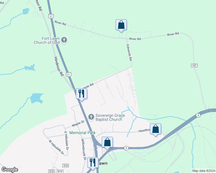 map of restaurants, bars, coffee shops, grocery stores, and more near 514 Carabrook Road in Fort Lawn