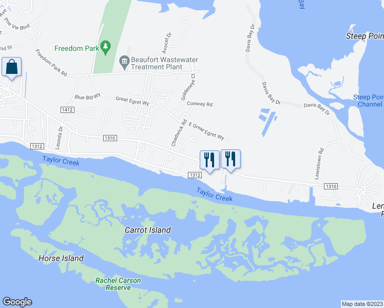 map of restaurants, bars, coffee shops, grocery stores, and more near 2339 Lennoxville Road in Beaufort