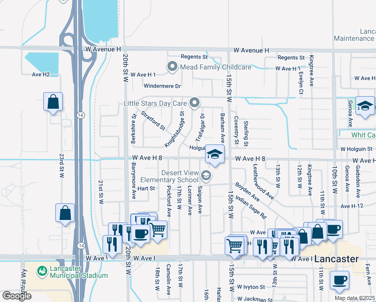 map of restaurants, bars, coffee shops, grocery stores, and more near 1640 West Holguin Street in Lancaster