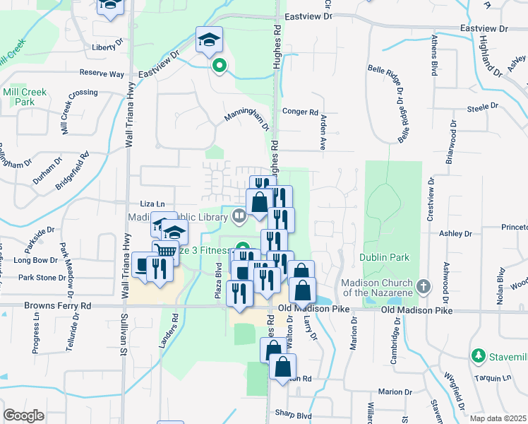 map of restaurants, bars, coffee shops, grocery stores, and more near 544 Hughes Road in Madison