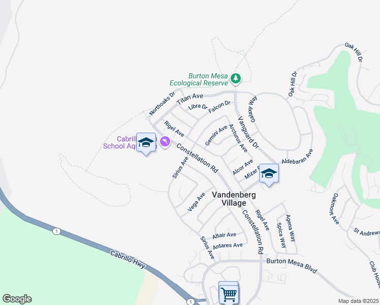 map of restaurants, bars, coffee shops, grocery stores, and more near Constellation Road & Sirius Avenue in Lompoc