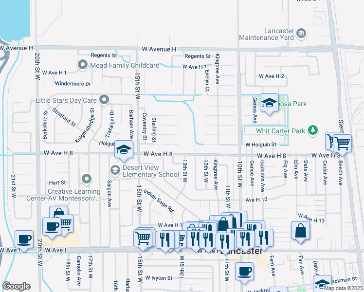 map of restaurants, bars, coffee shops, grocery stores, and more near 1214 Holguin Street in Lancaster