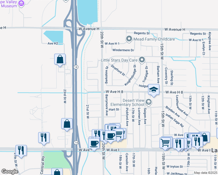 map of restaurants, bars, coffee shops, grocery stores, and more near 1840 Holguin Street in Lancaster