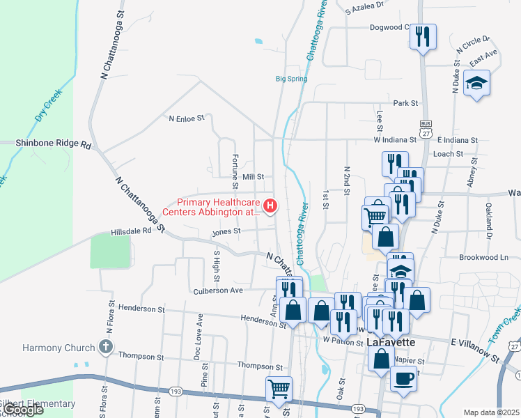map of restaurants, bars, coffee shops, grocery stores, and more near 19 North Steel Street in LaFayette