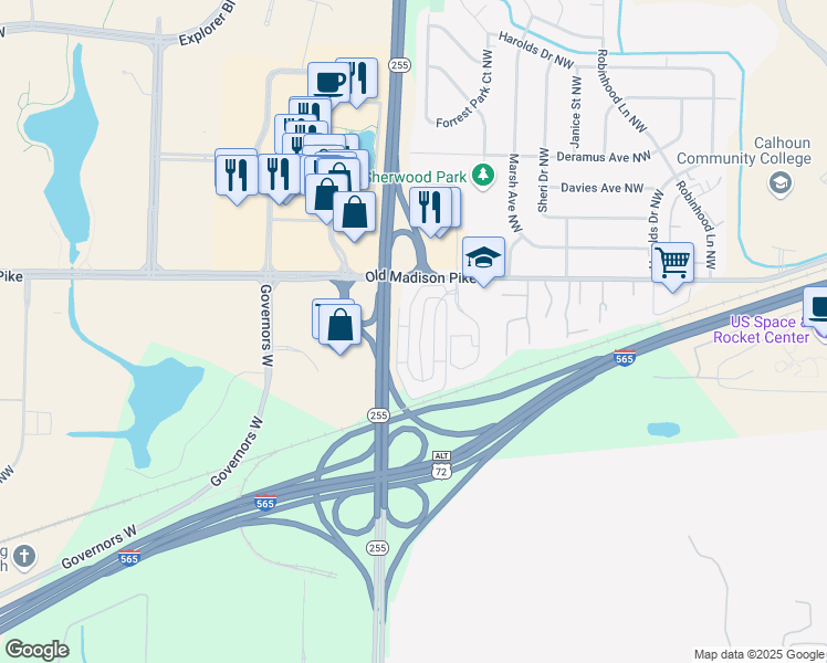 map of restaurants, bars, coffee shops, grocery stores, and more near 6659 Steeplechase Drive Northwest in Huntsville