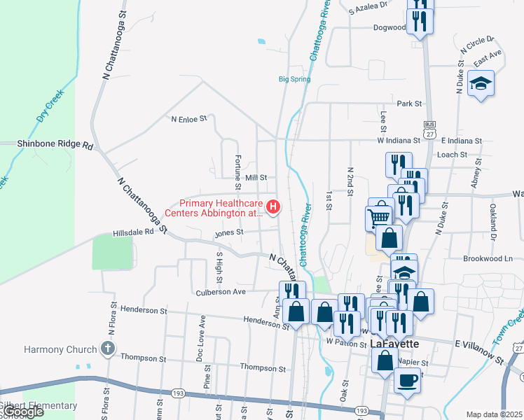 map of restaurants, bars, coffee shops, grocery stores, and more near 19 North Steel Street in LaFayette