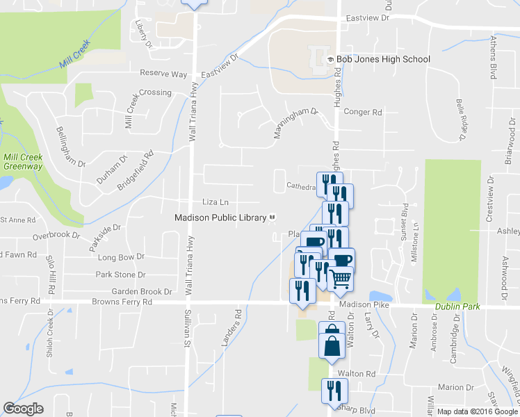 map of restaurants, bars, coffee shops, grocery stores, and more near 126 Liza Lane in Madison