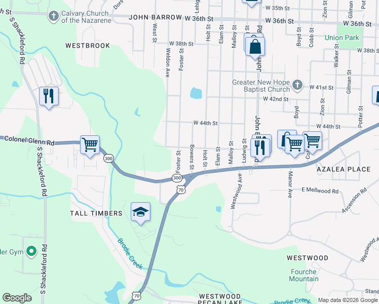 map of restaurants, bars, coffee shops, grocery stores, and more near 4602 Bowers Street in Little Rock