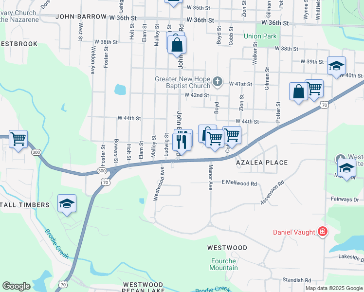 map of restaurants, bars, coffee shops, grocery stores, and more near 4601 John Barrow Road in Little Rock