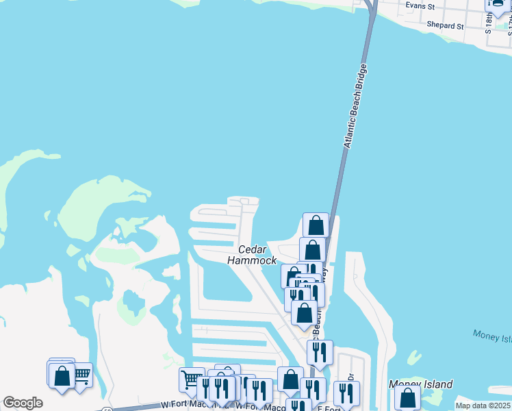 map of restaurants, bars, coffee shops, grocery stores, and more near 403 Old Causeway Rd in Atlantic Beach