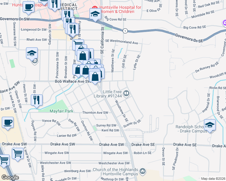 map of restaurants, bars, coffee shops, grocery stores, and more near 2416 Woodview Drive Southeast in Huntsville
