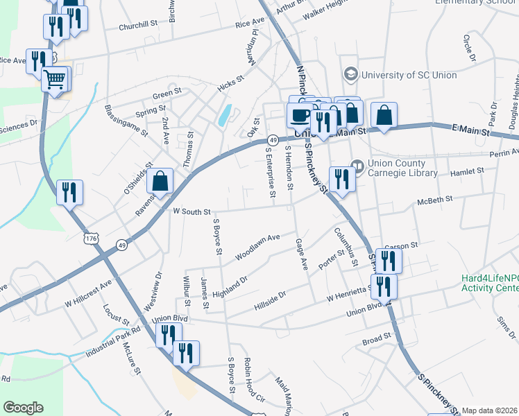 map of restaurants, bars, coffee shops, grocery stores, and more near 322 W South St in Union