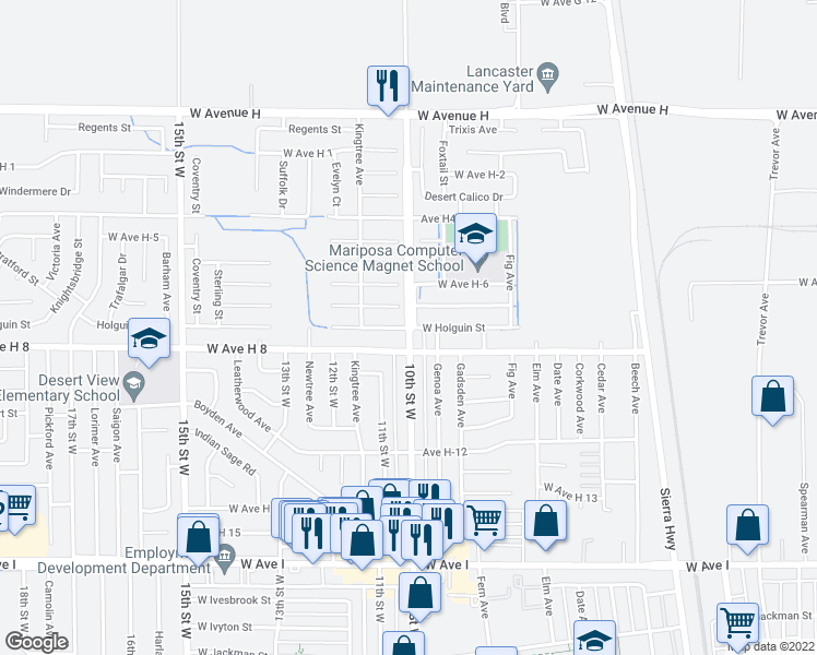 map of restaurants, bars, coffee shops, grocery stores, and more near 10th Street West & Holguin Street in Lancaster