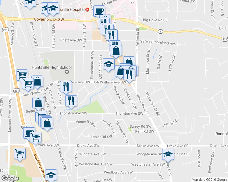 map of restaurants, bars, coffee shops, grocery stores, and more near 2504 Pansy Street Southwest in Huntsville