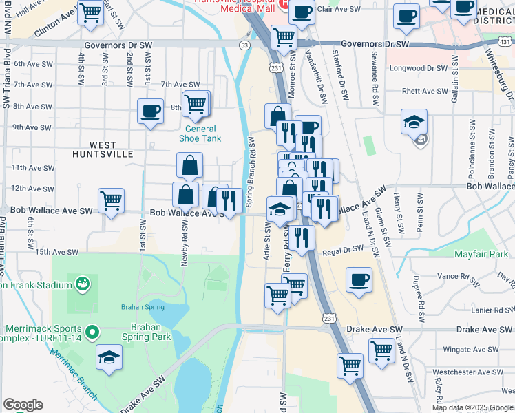 map of restaurants, bars, coffee shops, grocery stores, and more near 2220 Bob Wallace Avenue Southwest in Huntsville
