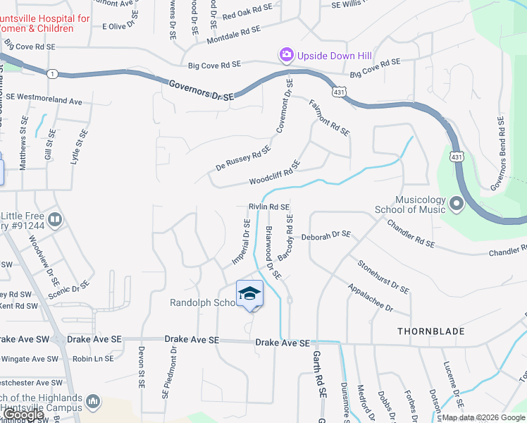 map of restaurants, bars, coffee shops, grocery stores, and more near 2702 Briarwood Drive Southeast in Huntsville
