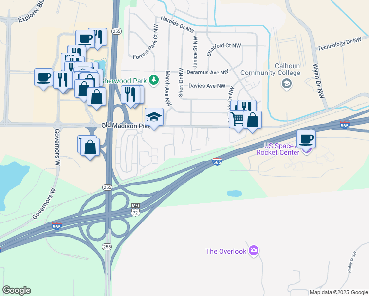 map of restaurants, bars, coffee shops, grocery stores, and more near 6405 Old Madison Pike in Huntsville