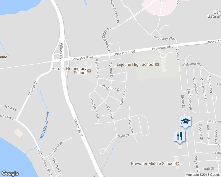 map of restaurants, bars, coffee shops, grocery stores, and more near Chapman Drive in Camp Lejeune