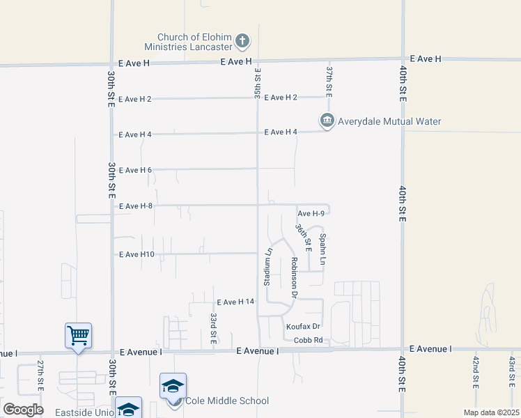 map of restaurants, bars, coffee shops, grocery stores, and more near 45580 35th Street East in Lancaster