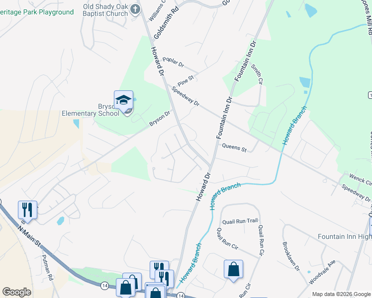 map of restaurants, bars, coffee shops, grocery stores, and more near 401 Chillingham Court in Fountain Inn