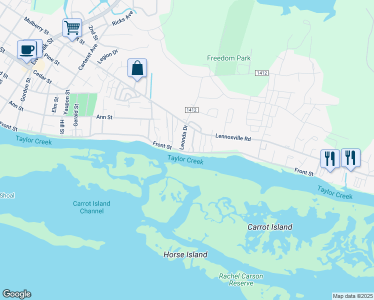 map of restaurants, bars, coffee shops, grocery stores, and more near 115 Leonda Dr in Beaufort