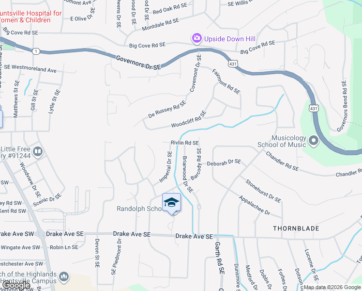 map of restaurants, bars, coffee shops, grocery stores, and more near 2702 Briarwood Drive Southeast in Huntsville