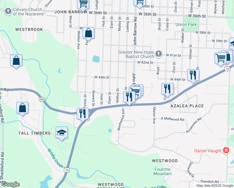 map of restaurants, bars, coffee shops, grocery stores, and more near 9005 West 46th Street in Little Rock