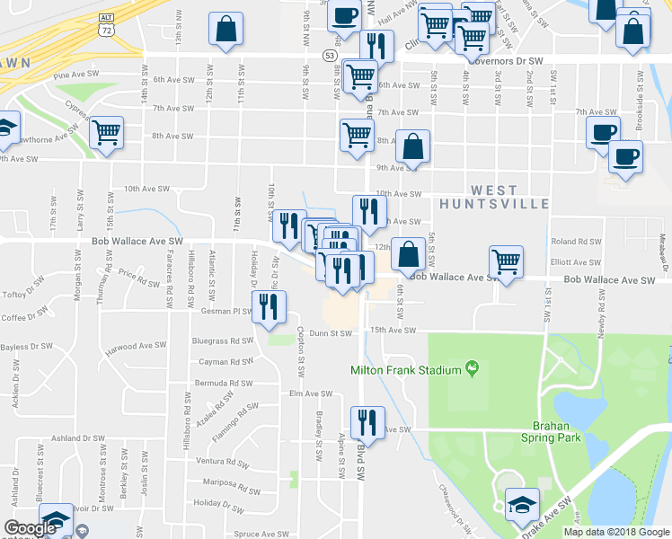 map of restaurants, bars, coffee shops, grocery stores, and more near 3224 Bob Wallace Avenue Southwest in Huntsville
