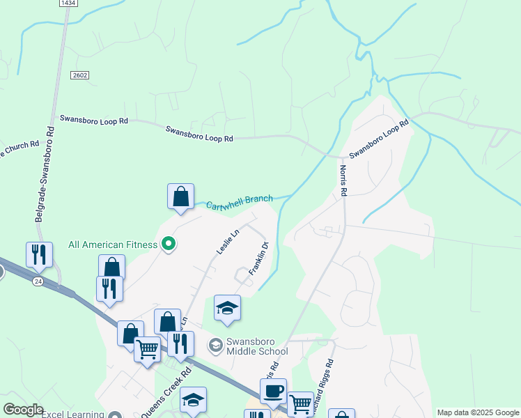map of restaurants, bars, coffee shops, grocery stores, and more near 221 Leslie Lane in Swansboro
