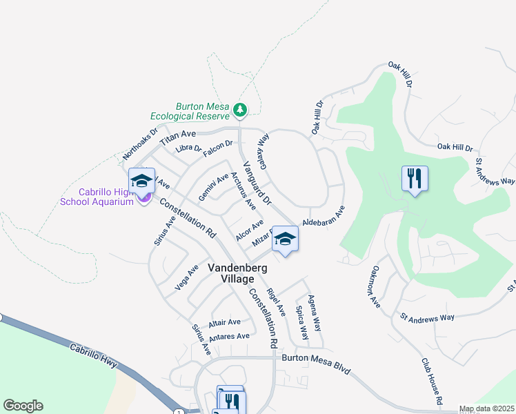 map of restaurants, bars, coffee shops, grocery stores, and more near 4177 Arcturus Avenue in Lompoc