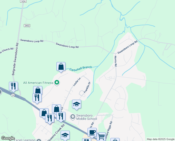 map of restaurants, bars, coffee shops, grocery stores, and more near 221 Leslie Lane in Swansboro