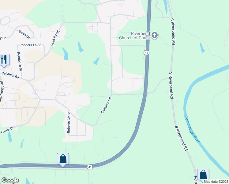 map of restaurants, bars, coffee shops, grocery stores, and more near 1173 Cavender Road Southeast in Dalton