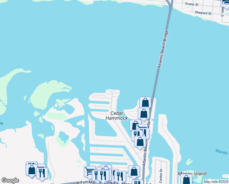 map of restaurants, bars, coffee shops, grocery stores, and more near 403 Old Causeway Rd in Atlantic Beach