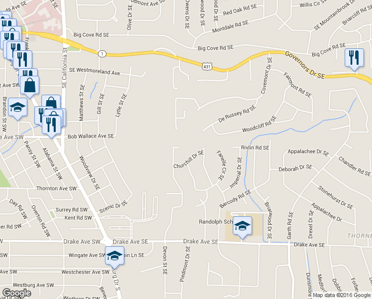 map of restaurants, bars, coffee shops, grocery stores, and more near 2802 Downing Court Southeast in Huntsville