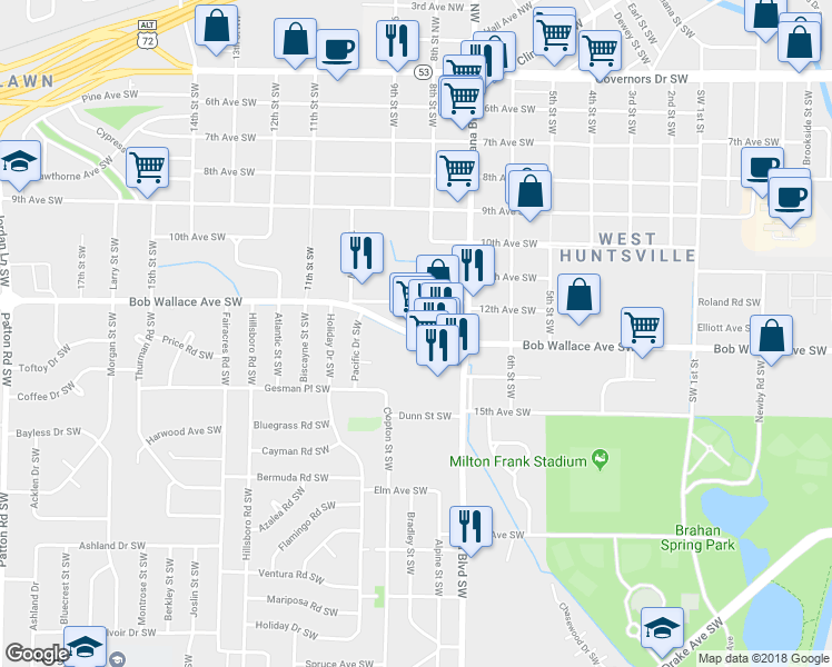 map of restaurants, bars, coffee shops, grocery stores, and more near 3228 Bob Wallace Avenue Southwest in Huntsville