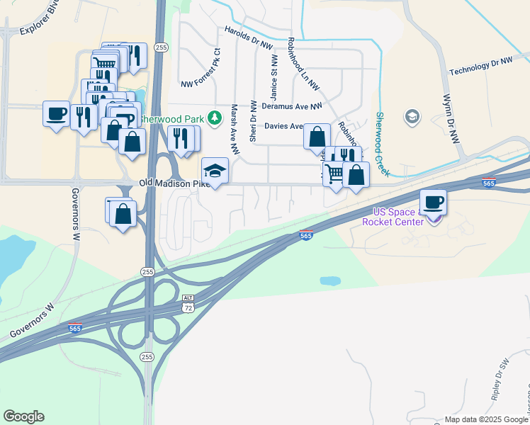 map of restaurants, bars, coffee shops, grocery stores, and more near 6405 Old Madison Pike in Huntsville