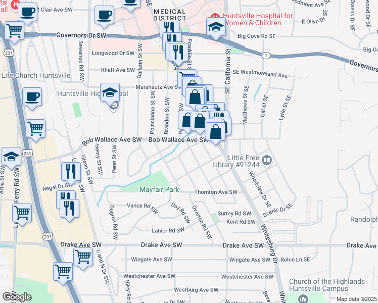 map of restaurants, bars, coffee shops, grocery stores, and more near 301 Sunset Avenue Southwest in Huntsville