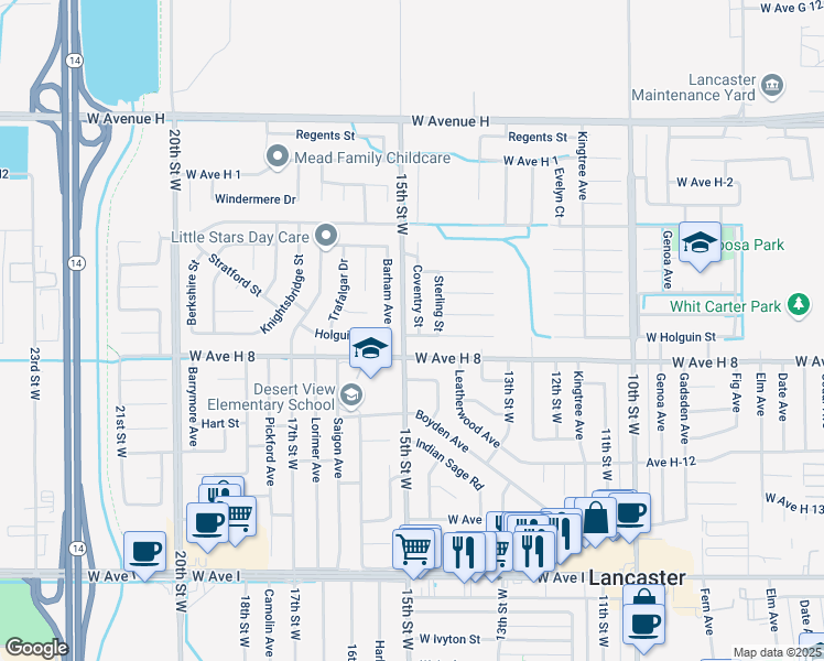 map of restaurants, bars, coffee shops, grocery stores, and more near 45603 Coventry Ct. in Lancaster