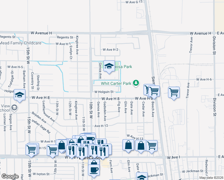 map of restaurants, bars, coffee shops, grocery stores, and more near 755 West Holguin Street in Lancaster