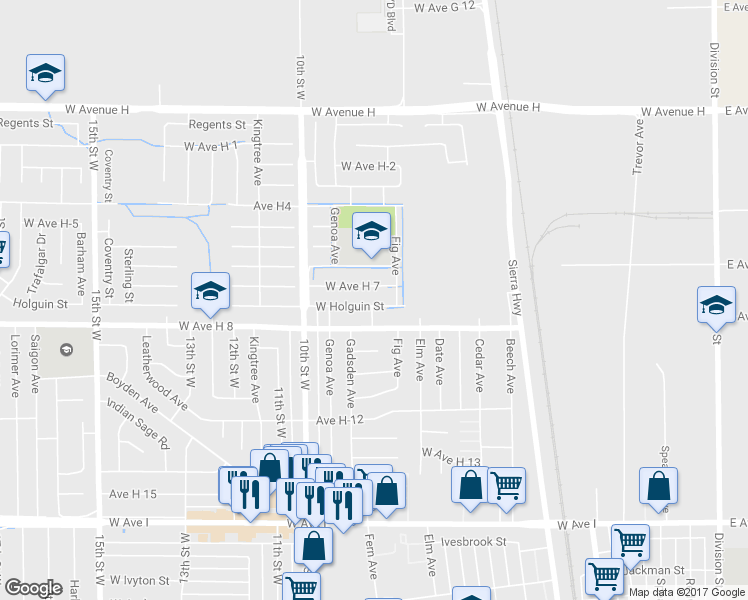 map of restaurants, bars, coffee shops, grocery stores, and more near 755 West Holguin Street in Lancaster