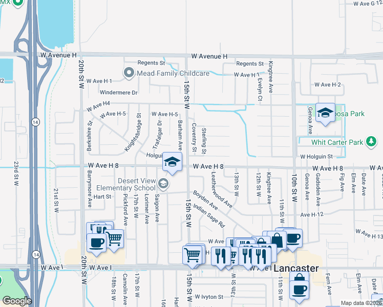 map of restaurants, bars, coffee shops, grocery stores, and more near 45603 Coventry Ct. in Lancaster