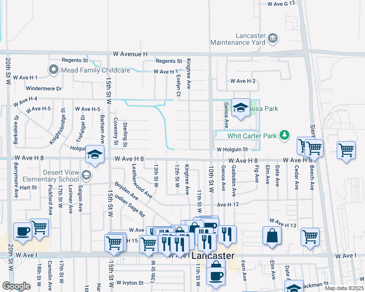 map of restaurants, bars, coffee shops, grocery stores, and more near 1115 Holguin Street in Lancaster