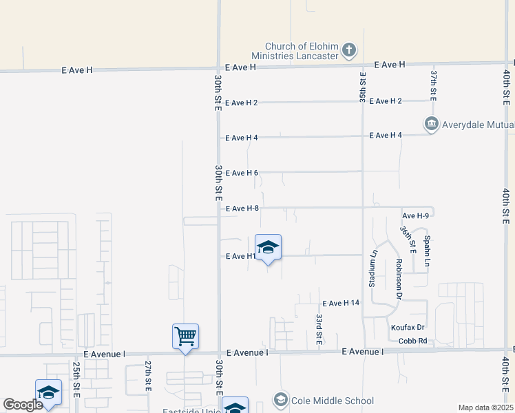 map of restaurants, bars, coffee shops, grocery stores, and more near 3124 East Avenue H-8 in Lancaster