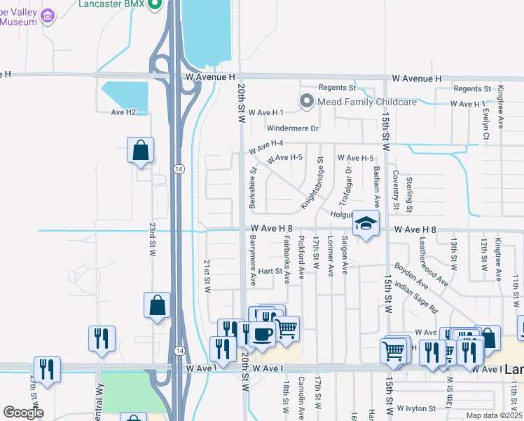 map of restaurants, bars, coffee shops, grocery stores, and more near 45603 Saint Andrews Street in Lancaster