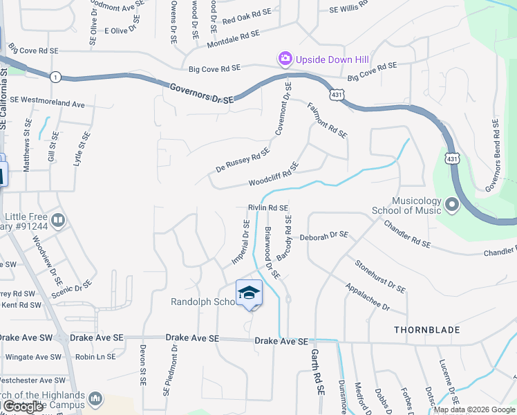 map of restaurants, bars, coffee shops, grocery stores, and more near 1012 Rivlin Road Southeast in Huntsville