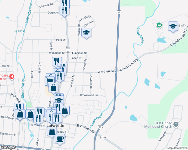 map of restaurants, bars, coffee shops, grocery stores, and more near 402 Warthen Street in LaFayette