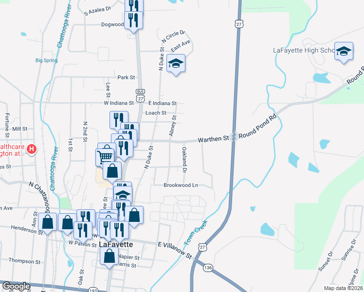 map of restaurants, bars, coffee shops, grocery stores, and more near 403 Oakland Drive in LaFayette
