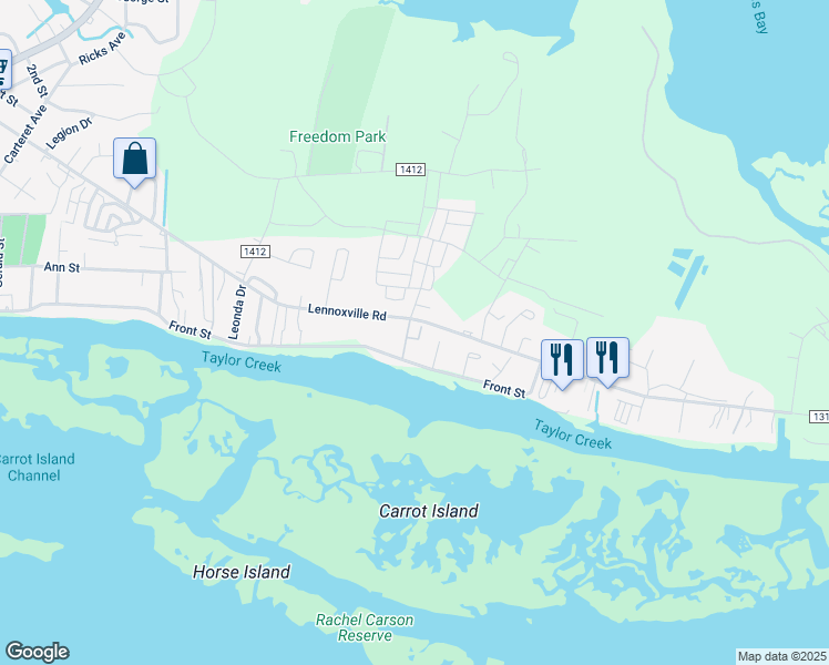 map of restaurants, bars, coffee shops, grocery stores, and more near 134 Shearwater Lane South in Beaufort