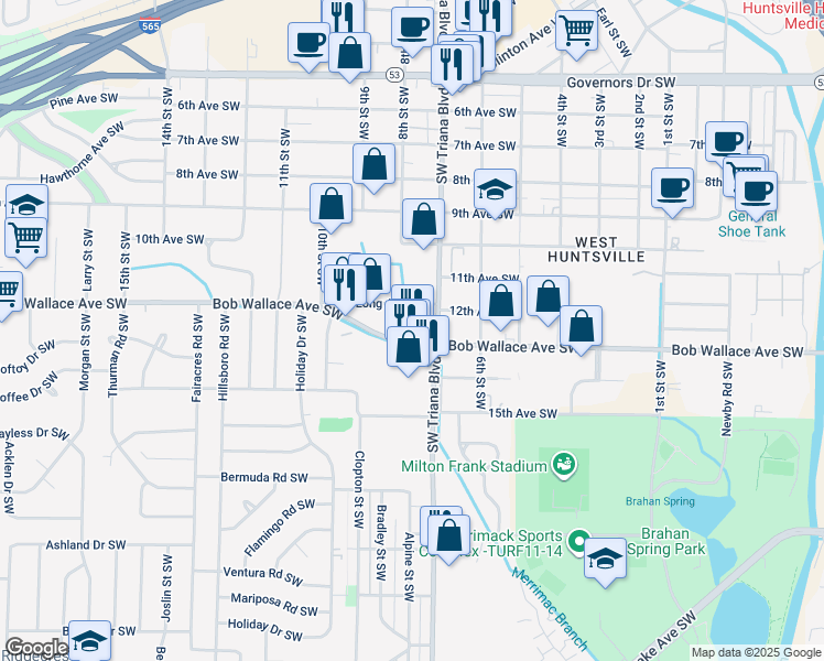 map of restaurants, bars, coffee shops, grocery stores, and more near 2800 Triana Boulevard Southwest in Huntsville
